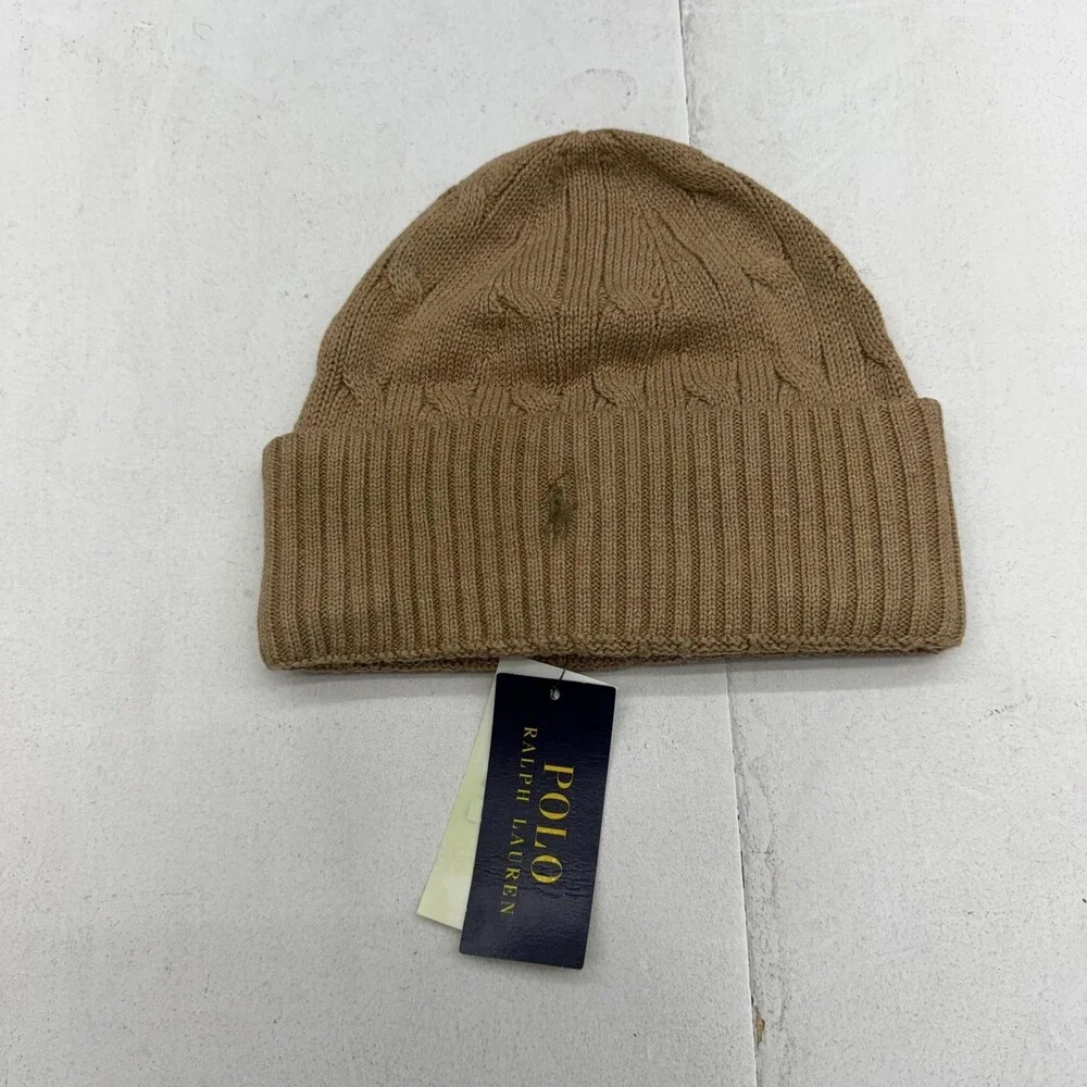 Polo Ralph Lauren Hat Beanie Fitted Mens M Brown Cable Knit Fleece Lined Winter